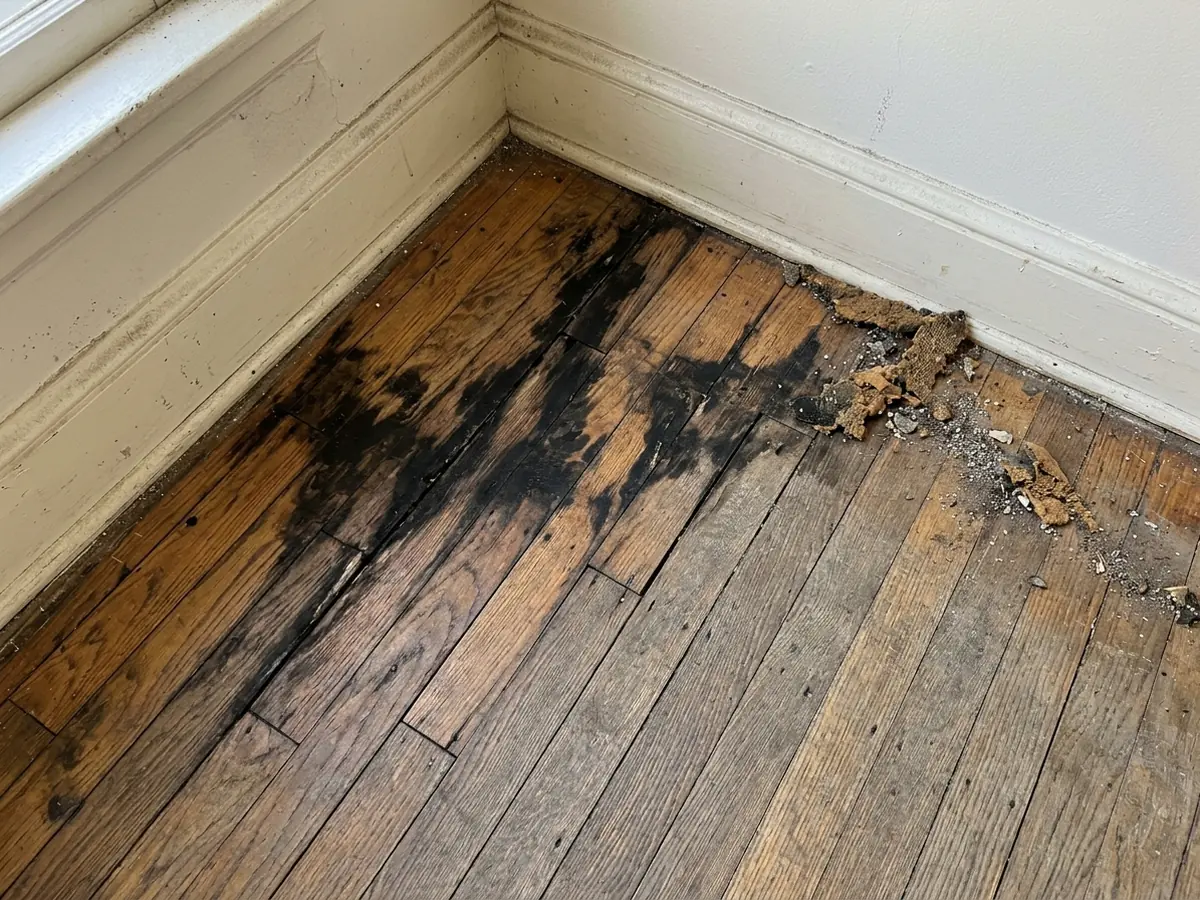 Dark black pet urine stains spreading along the seams of oak floorboards after carpet removal
