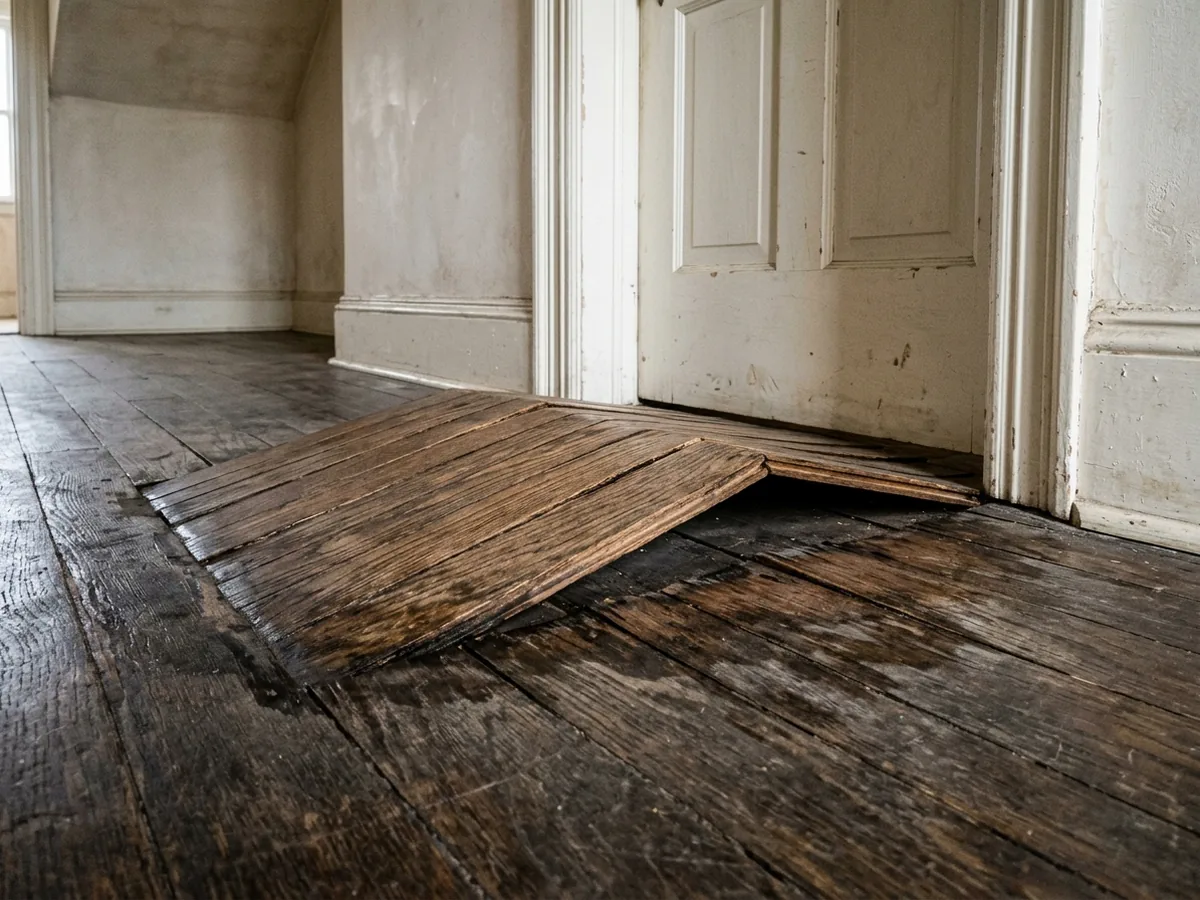 Section of oak flooring lifted several inches off the subfloor in a hump near a doorway