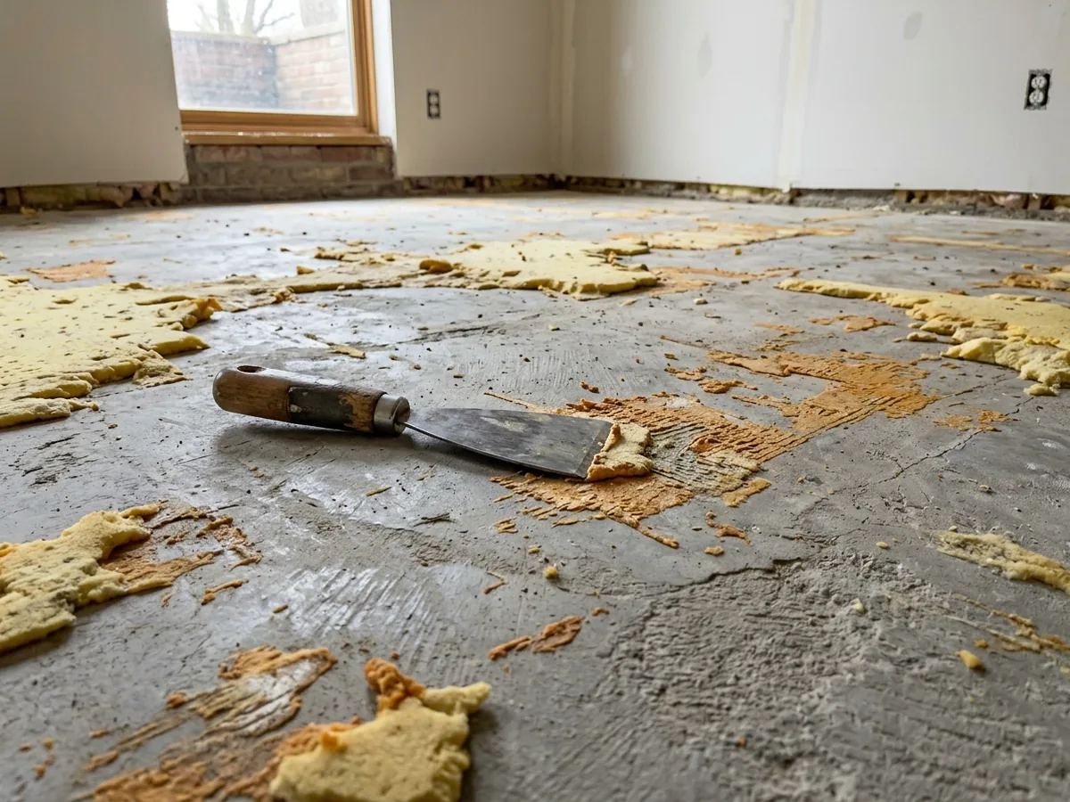 Concrete slab after carpet removal with patches of glued pad residue and a floor scraper resting on it