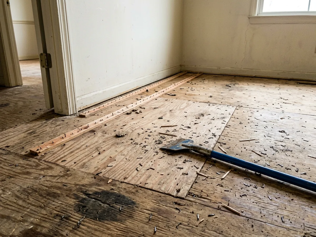 Bare plywood subfloor after carpet removal with scattered pad staples and a strip of tack strip still nailed at the wall