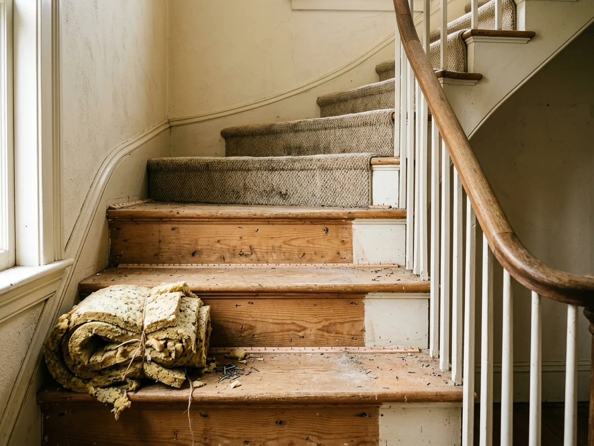 Staircase halfway through carpet removal with tack strips and staples on the exposed treads
