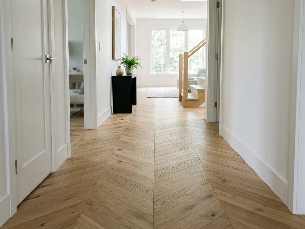 Chevron oak floor with boards cut at an angle so each row meets in a sharp point down the room