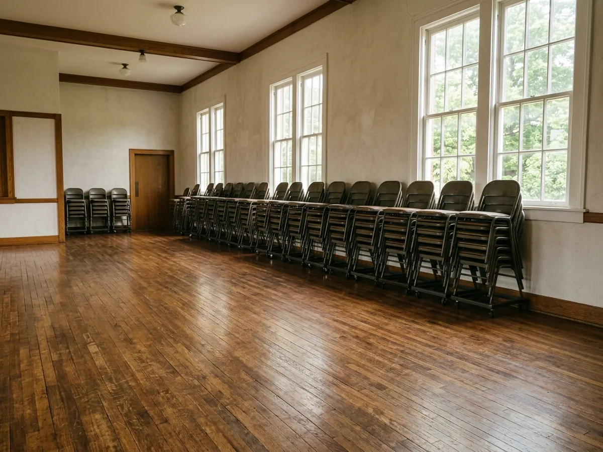 Old oak floor in an empty church fellowship hall with folding chairs stacked along the wall