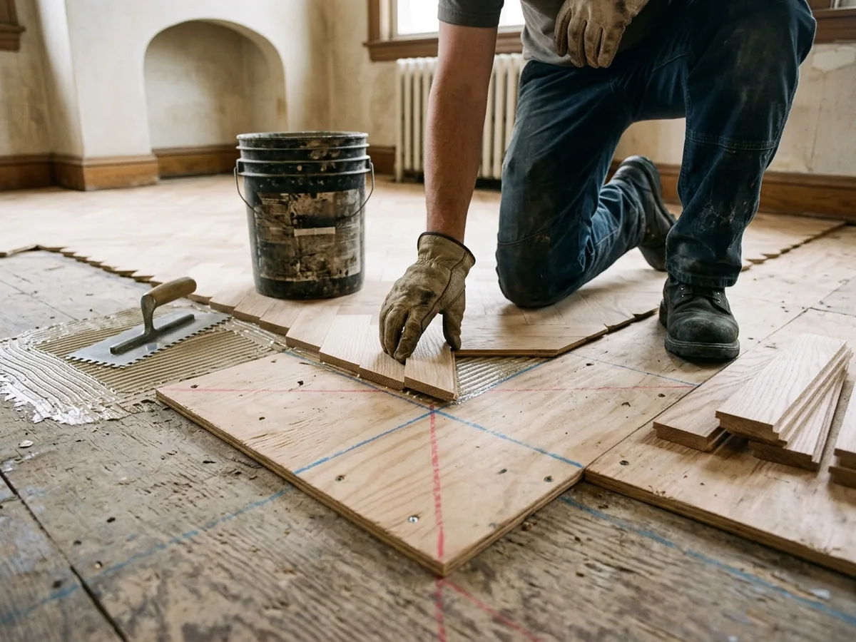 Herringbone oak slats being laid against a square plywood backer board fixed on chalk working lines