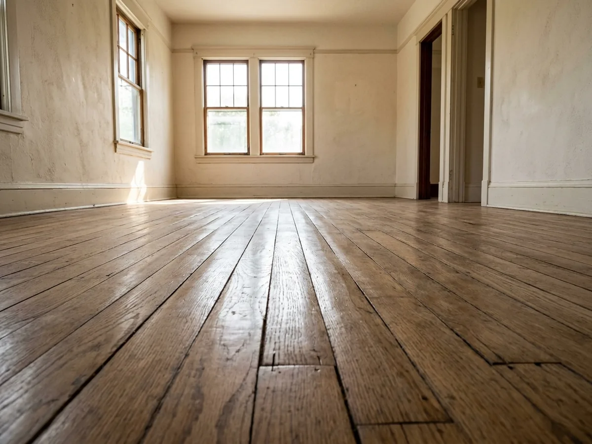 Hardwood floor boards with centers higher than their edges, seen at a low angle under a window