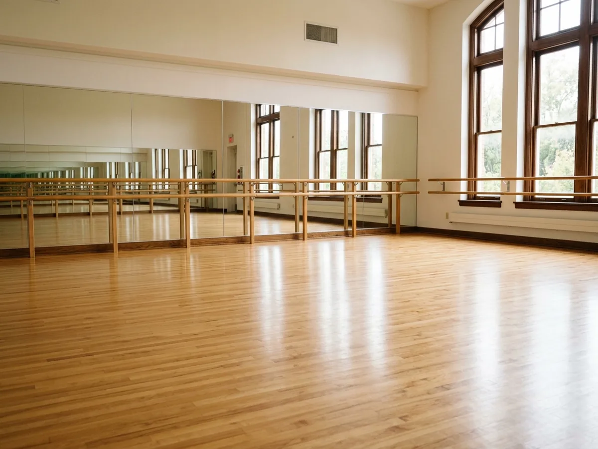 Empty dance studio with a satin maple floor, a ballet barre along a mirrored wall and soft daylight