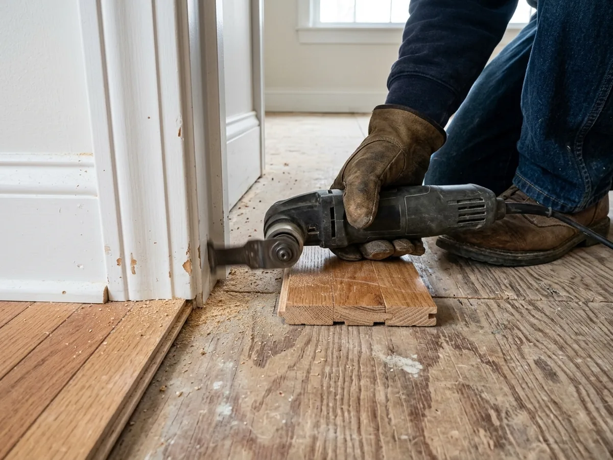 Oscillating saw resting on an upside-down flooring scrap to undercut a painted door jamb