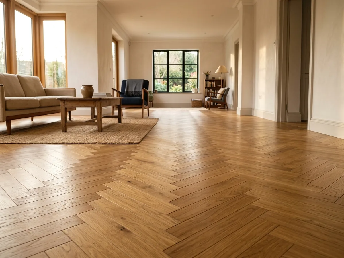 Double herringbone floor with pairs of narrow oak slats laid side by side in each leg of the zigzag