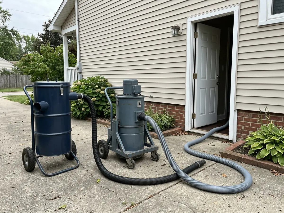 Portable cyclone separator drum and HEPA vacuum unit parked outside a house with a hose running inside