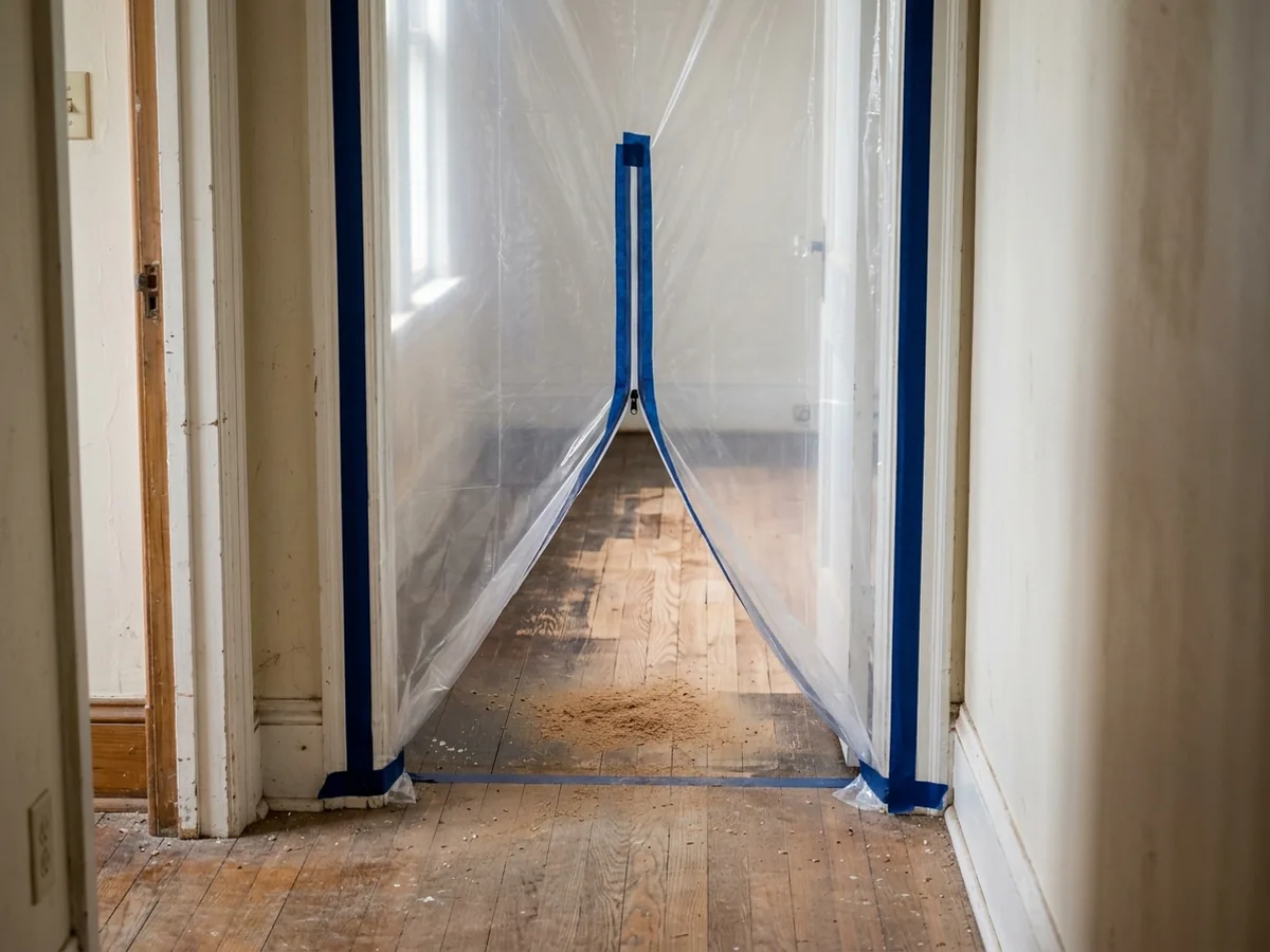 Plastic sheeting taped over a doorway with a zipper door next to an oak floor being sanded