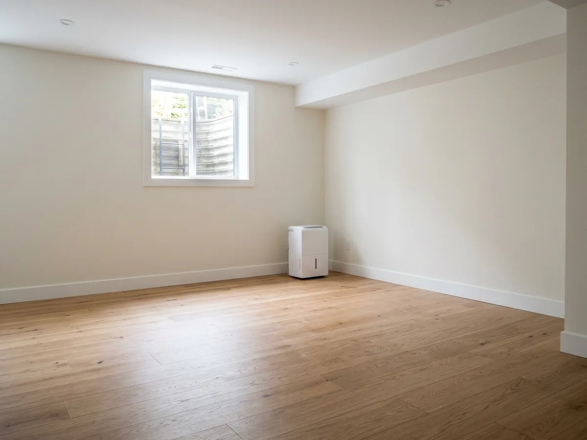 Engineered oak floor installed in a finished basement room with a small egress window