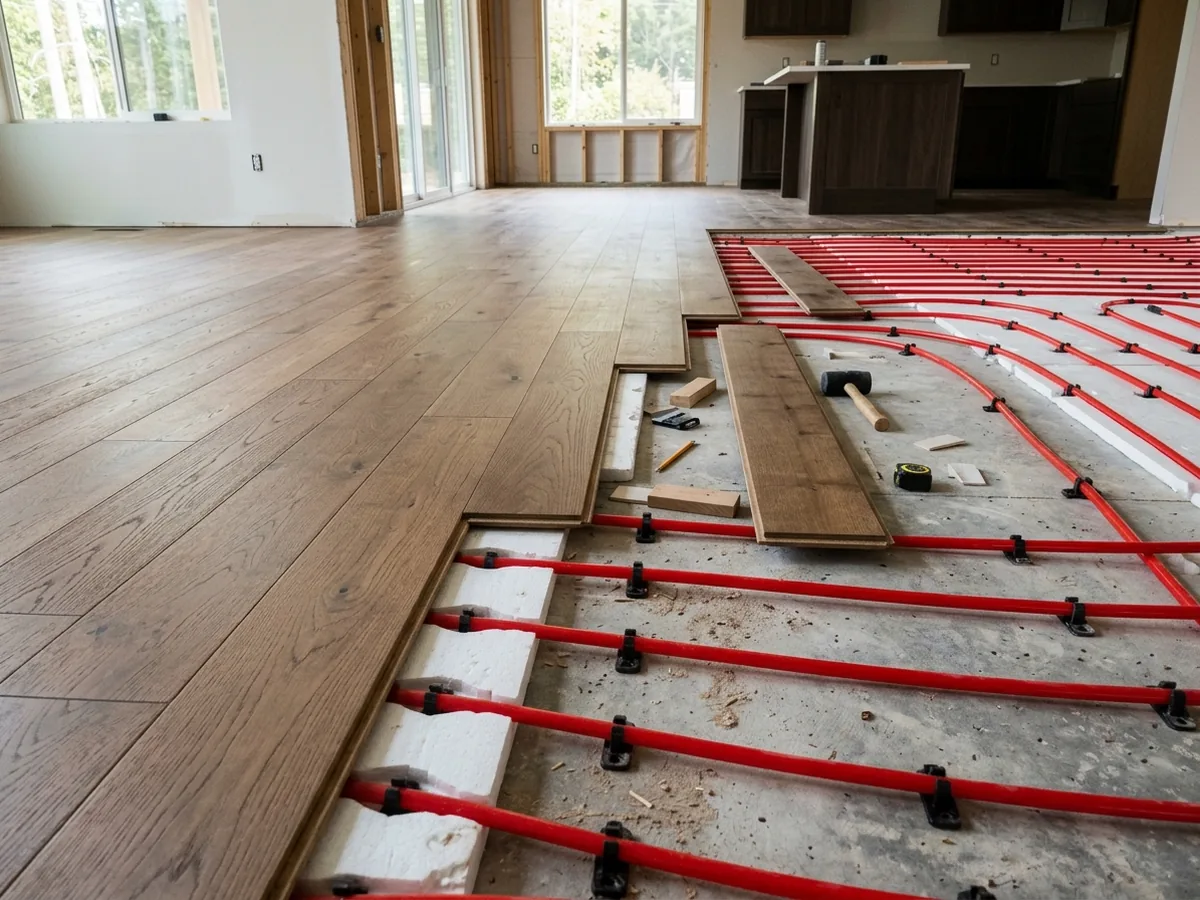 Engineered wood planks being laid over a subfloor with radiant heating tubes visible at the edge