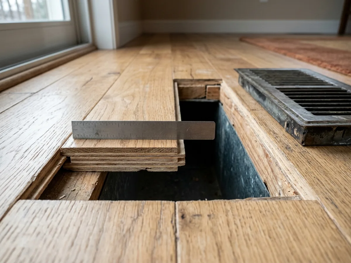 Edge of an engineered plank showing a thin hardwood veneer over a plywood core next to a floor vent