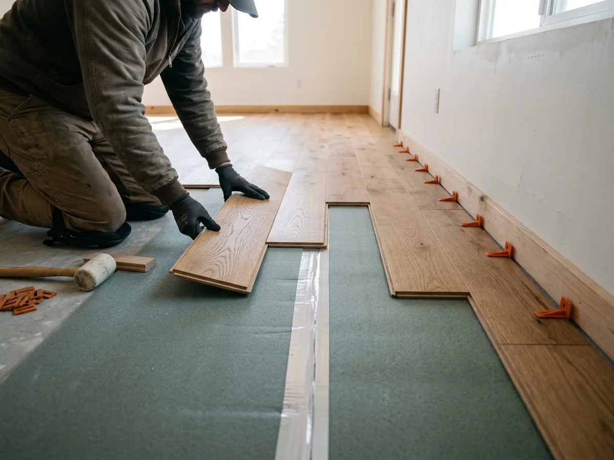 Engineered planks clicked together over a foam underlayment with a spacer at the wall