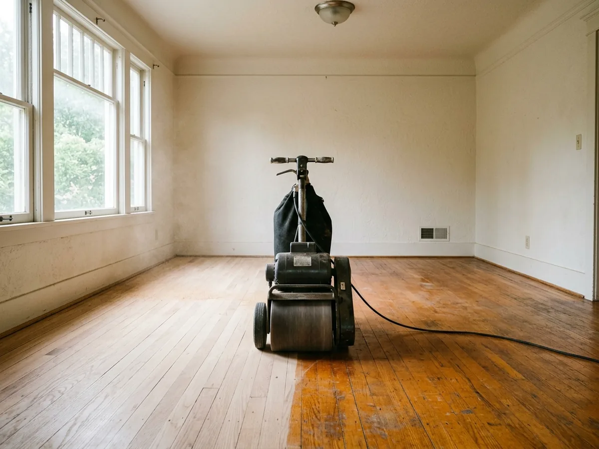 Drum sander halfway across an oak strip floor, bare wood behind it and old amber finish ahead