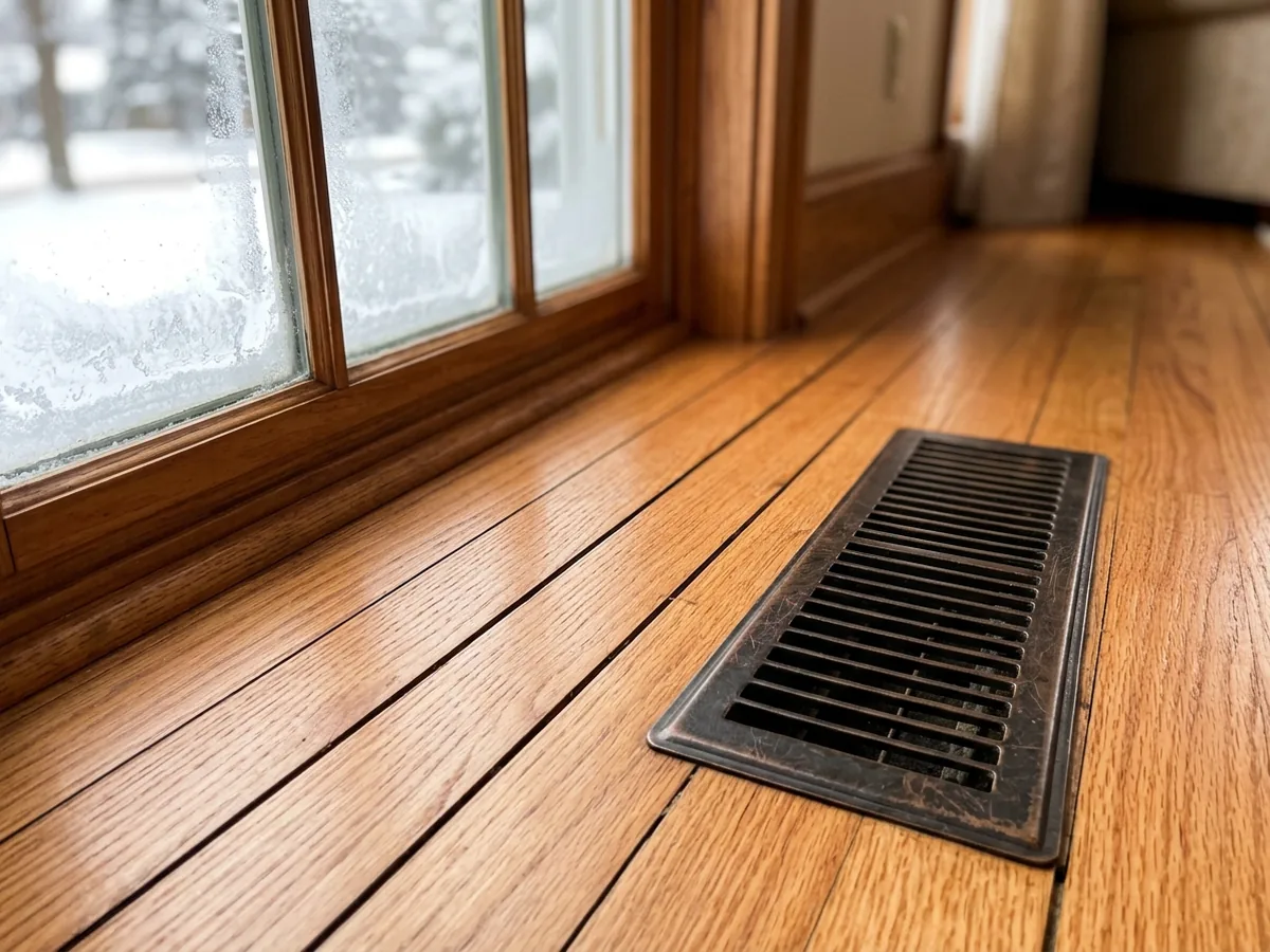Thin seasonal gaps between oak floor boards in winter light near a heating register
