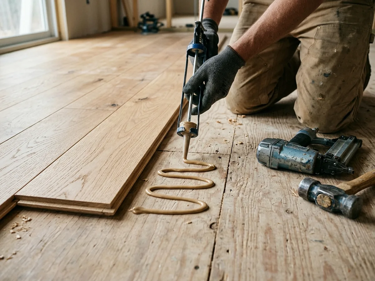 Gloved hand running a serpentine bead of wood flooring adhesive on a plywood subfloor beside a wide oak plank