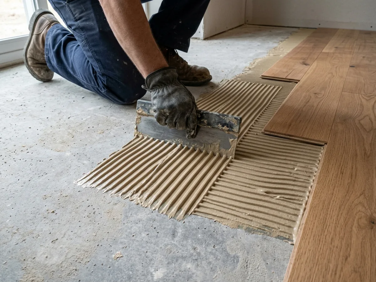 Notched trowel spreading flooring adhesive on a concrete slab with engineered oak planks set into it