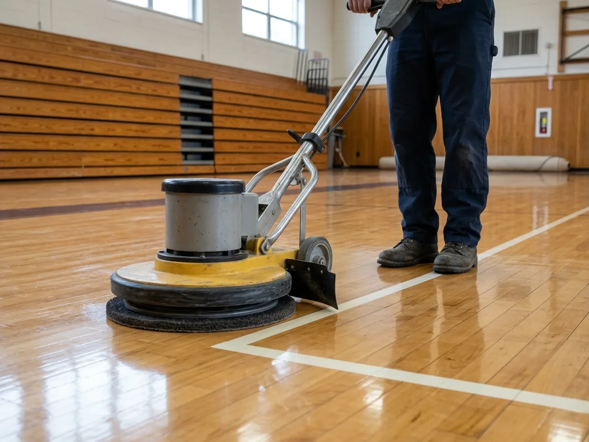 Floor buffer with a screening pad abrading the finish on a maple gym floor near a painted court line