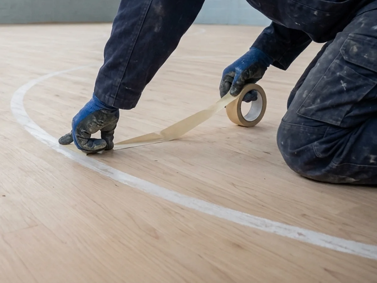 Maple gym floor sanded to bare wood, a worker on knees taping off a new painted basketball key line