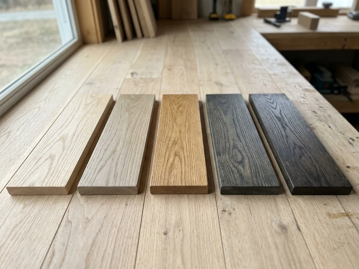 Row of sample boards showing white oak finished in clear, smoky gray and brown oils