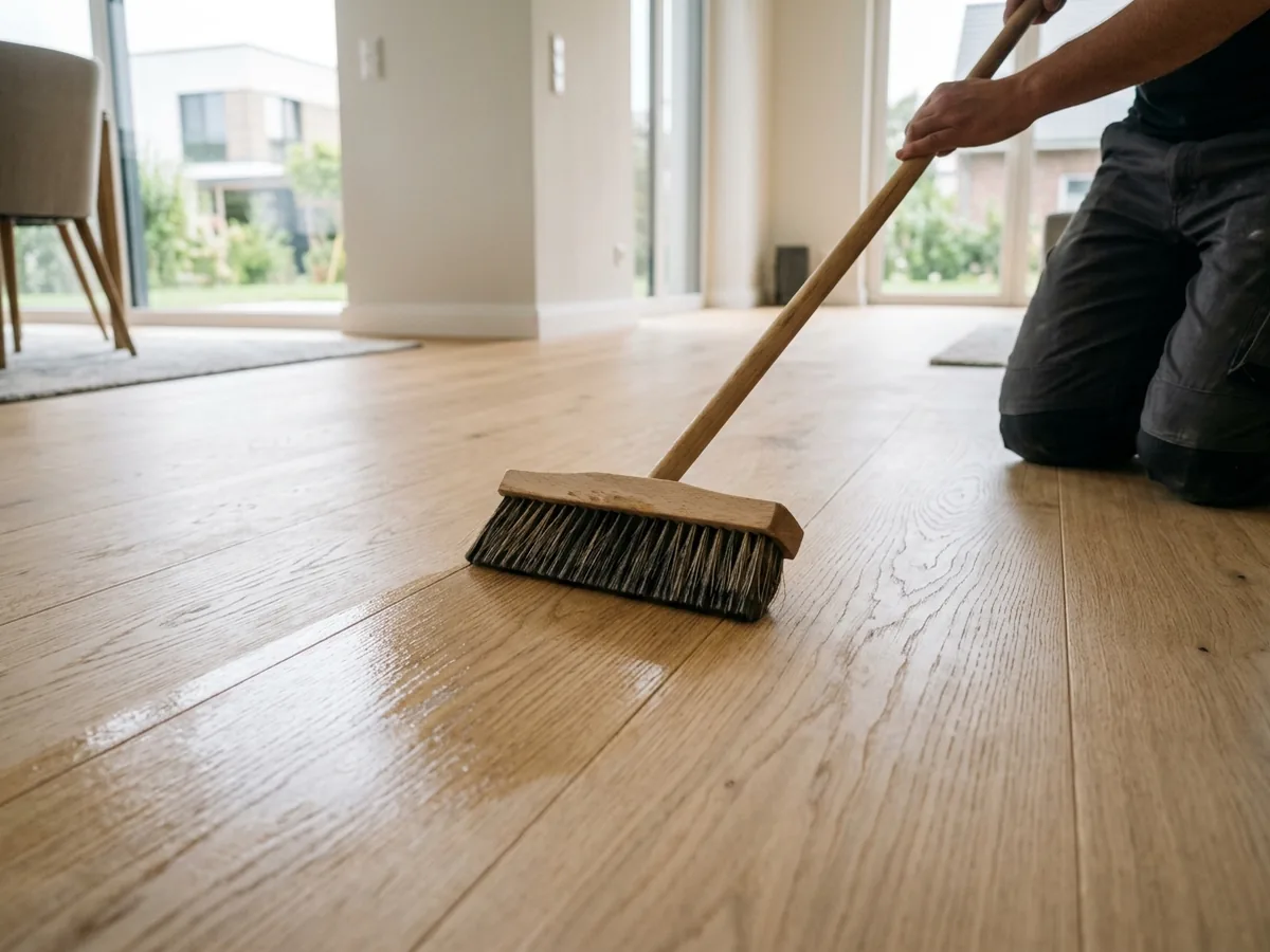 Wide brush laying a second thin coat of hardwax oil on a white oak plank floor