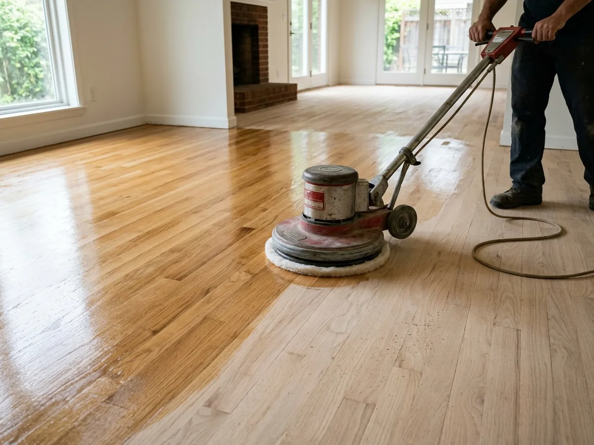 White buffing pad spreading a thin layer of clear oil across a freshly sanded oak floor