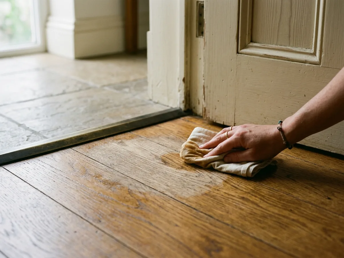 Hand with a cloth rubbing maintenance oil into a worn patch of an oiled oak floor near a doorway