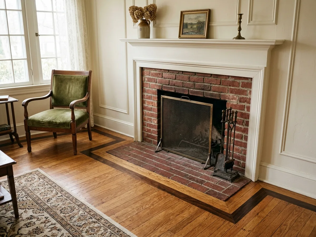 Oak floor with a contrasting border that steps around the outline of a brick fireplace hearth in a living room