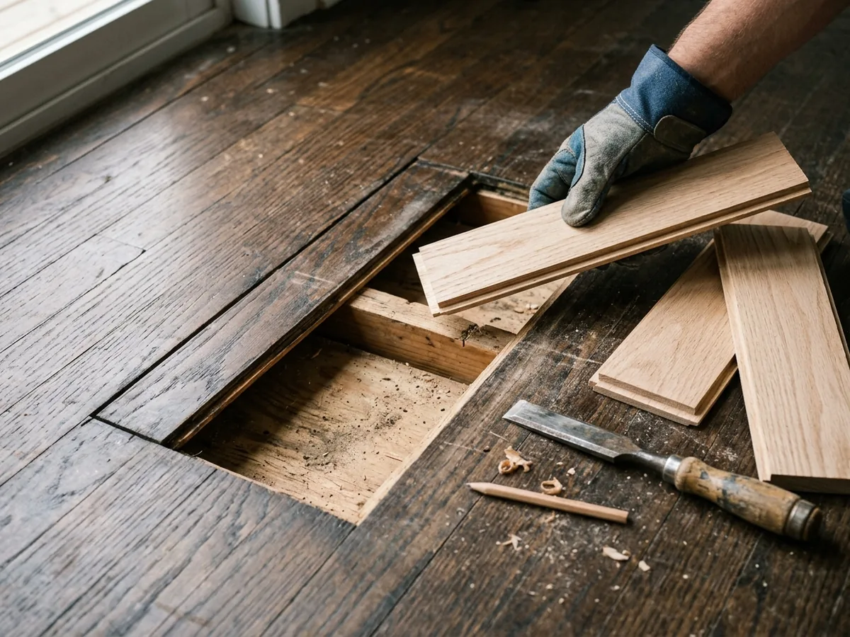 Damaged oak boards cut out of a floor with new boards ready to weave in