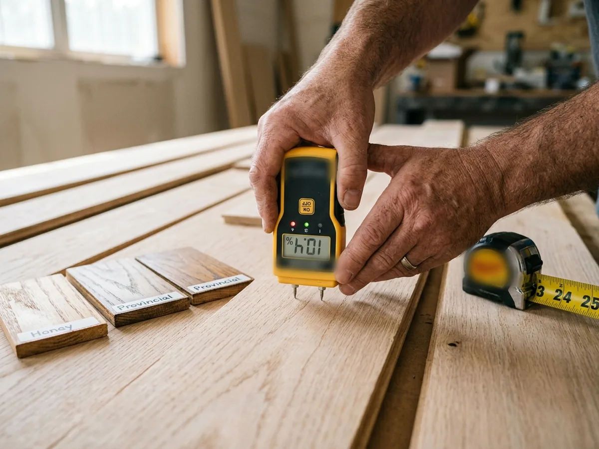 Hands pressing a pin moisture meter into a sanded oak board beside stain sample boards and a tape measure