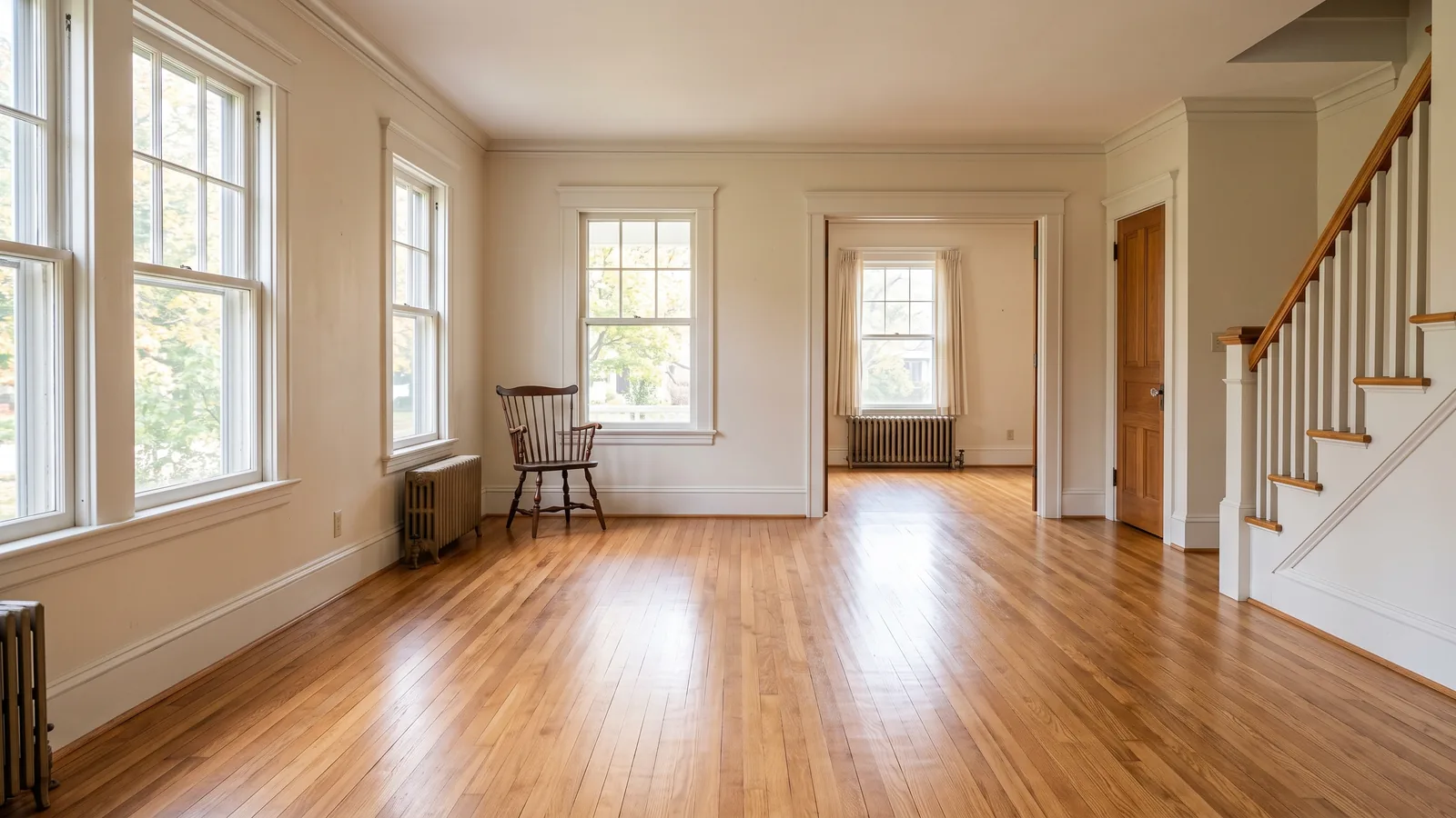Empty living room with a freshly refinished red oak strip floor, white trim, tall double-hung windows and a staircase