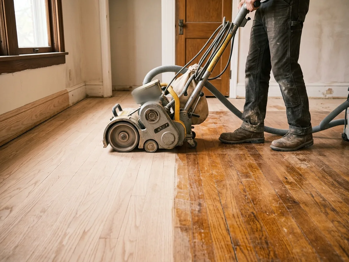 Drum sander cutting an old oak strip floor down to bare wood beside a strip of untouched finish