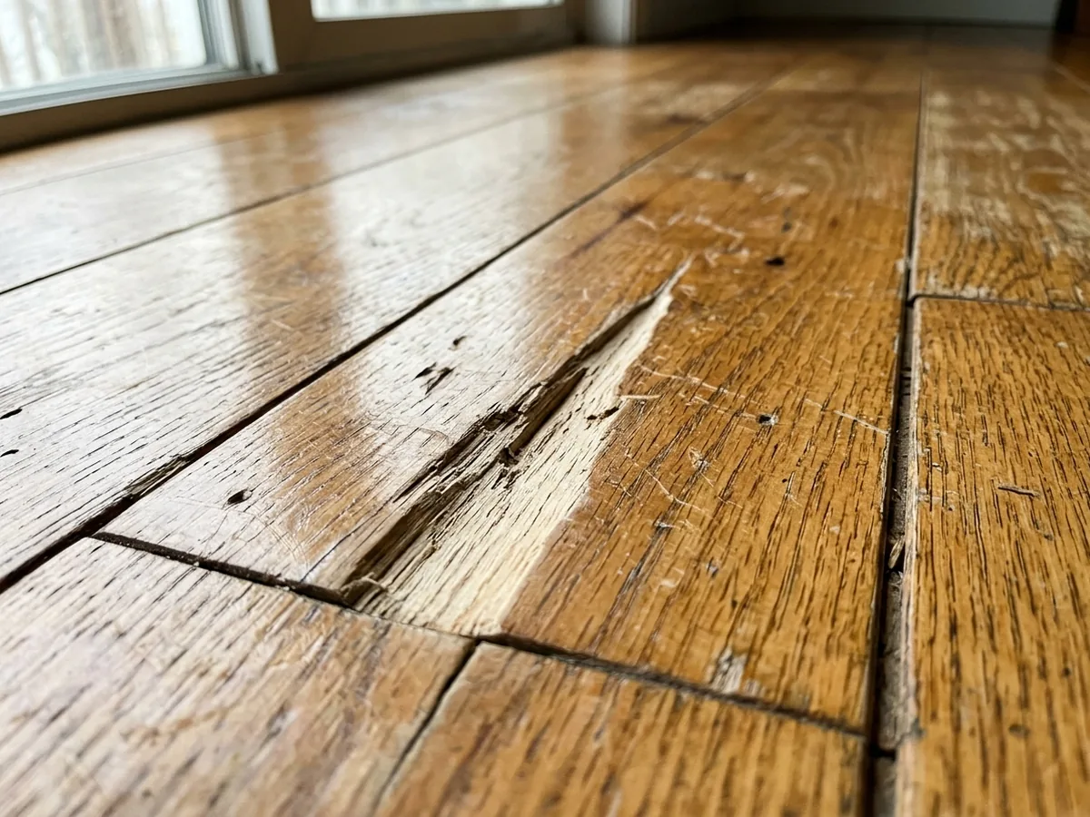 Close view of a deep gouge cutting through the finish into an oak floorboard