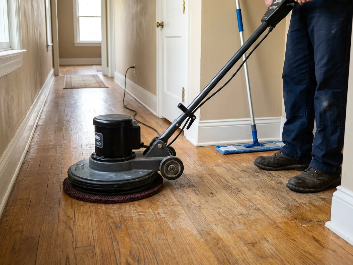Floor buffer with a screen pad scuffing the worn finish on a hardwood floor