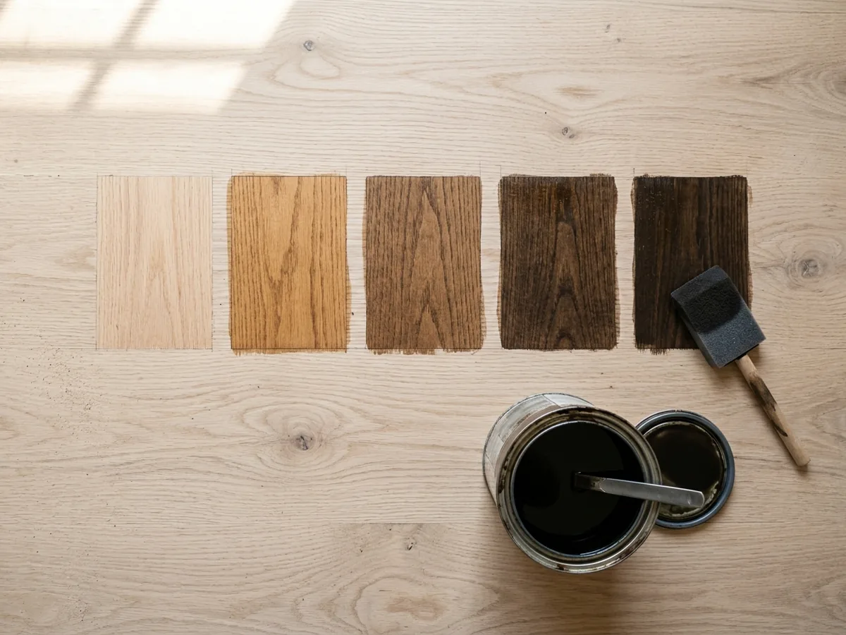 Row of stain samples from natural to dark walnut brushed onto a freshly sanded oak floor