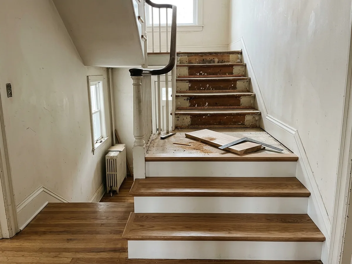 Carpet removed from a staircase with new oak treads and white risers installed