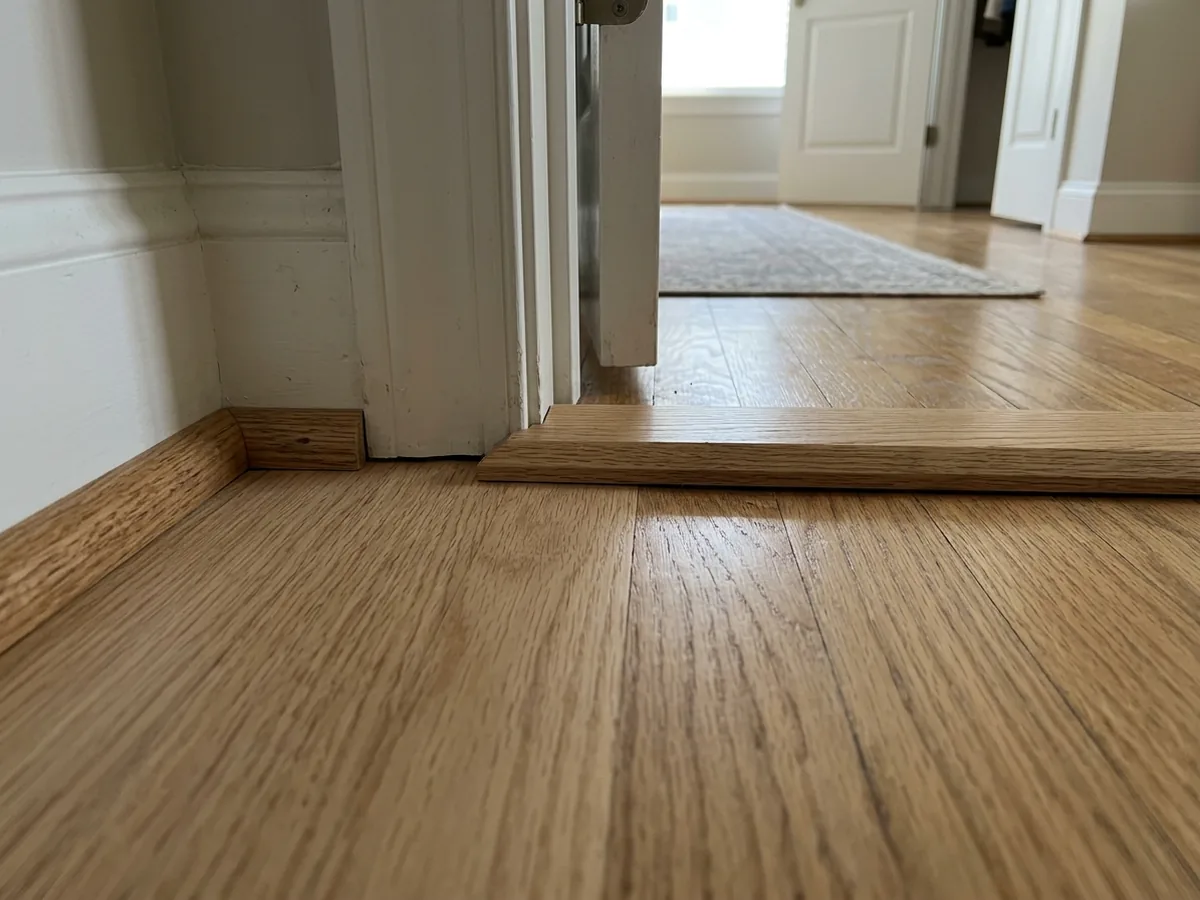Oak T-molding transition between a new hardwood floor and an adjoining floor at a doorway