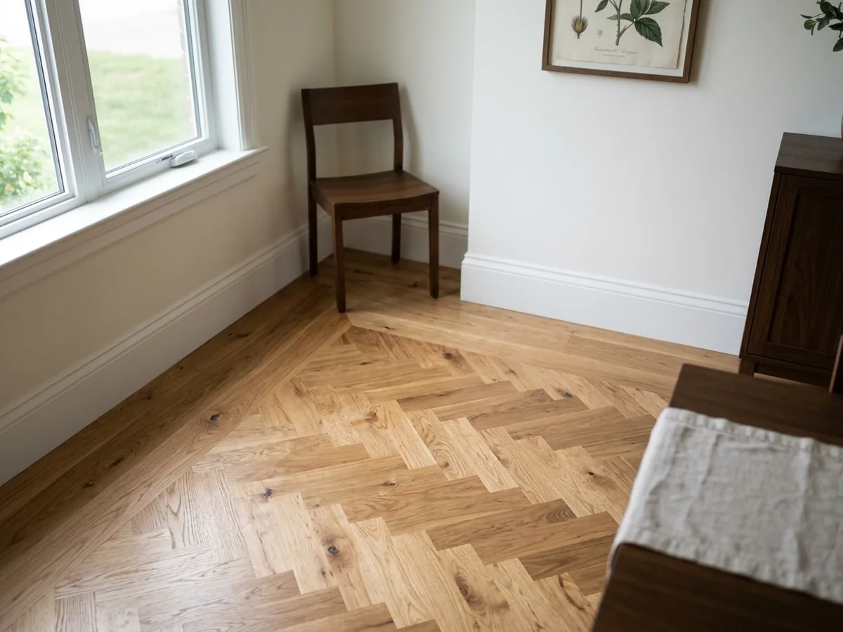 Herringbone field framed by a two-board oak border with mitered corners along the walls of a dining room