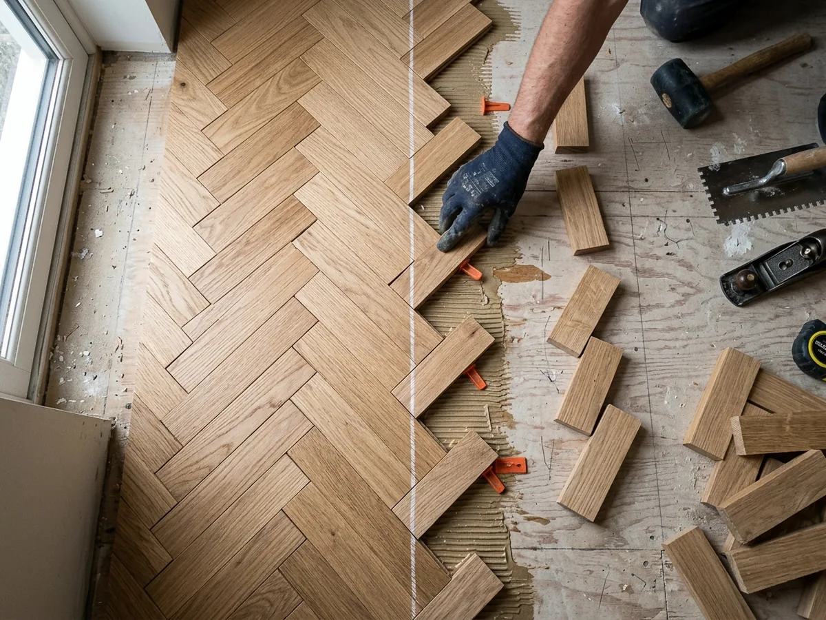 Herringbone oak floor being laid from a chalk centerline in an empty room
