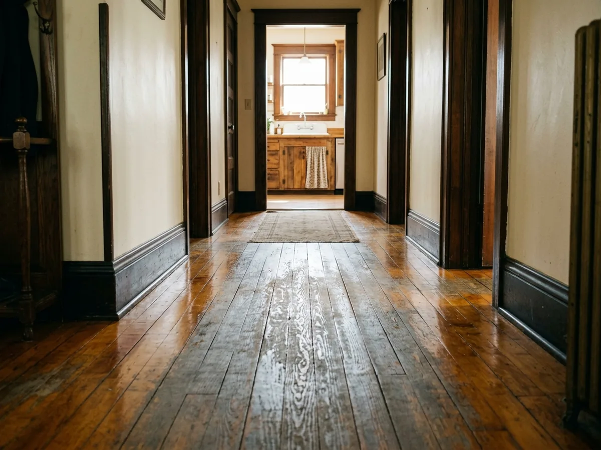Worn gray traffic lane in the finish of an oak hallway floor leading to a kitchen