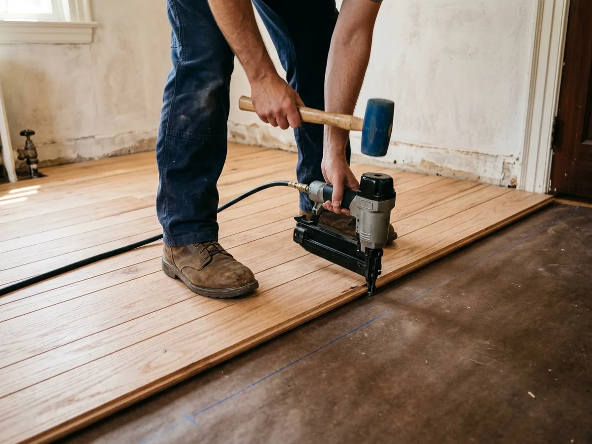 Installer using a pneumatic flooring nailer on tongue-and-groove oak boards along a chalk line