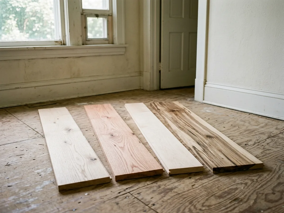 Loose sample boards of red oak, white oak, maple and hickory fanned out on a plywood subfloor