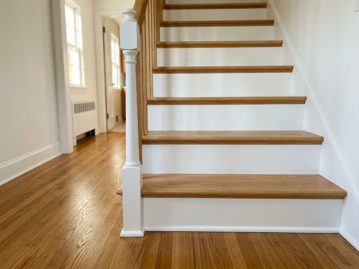Bottom of a staircase where the last oak tread meets the floor, with new quarter round along the baseboard