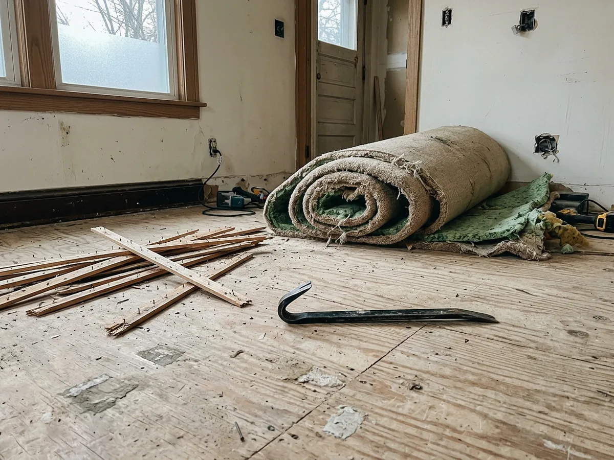 Old carpet pad, tack strip and a stack of torn-out boards on a bare plywood subfloor