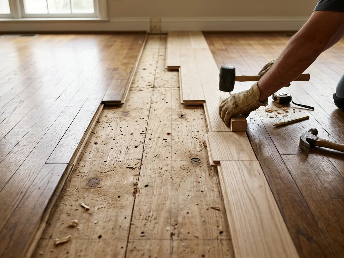 Strip of bare subfloor where a wall was removed between two oak floors, boards being laced in