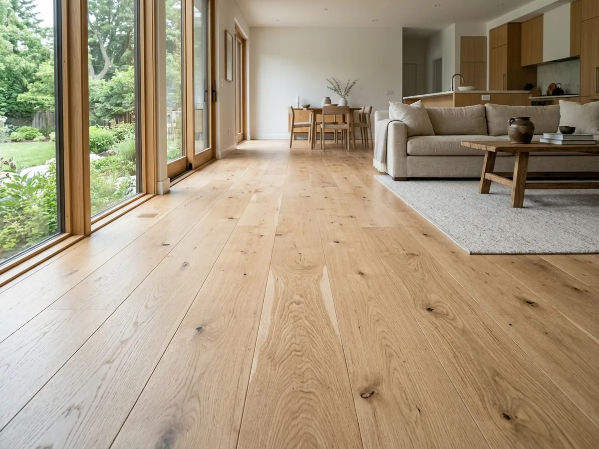 Wide live-sawn white oak planks mixing straight grain, ray fleck and cathedral figure in one floor