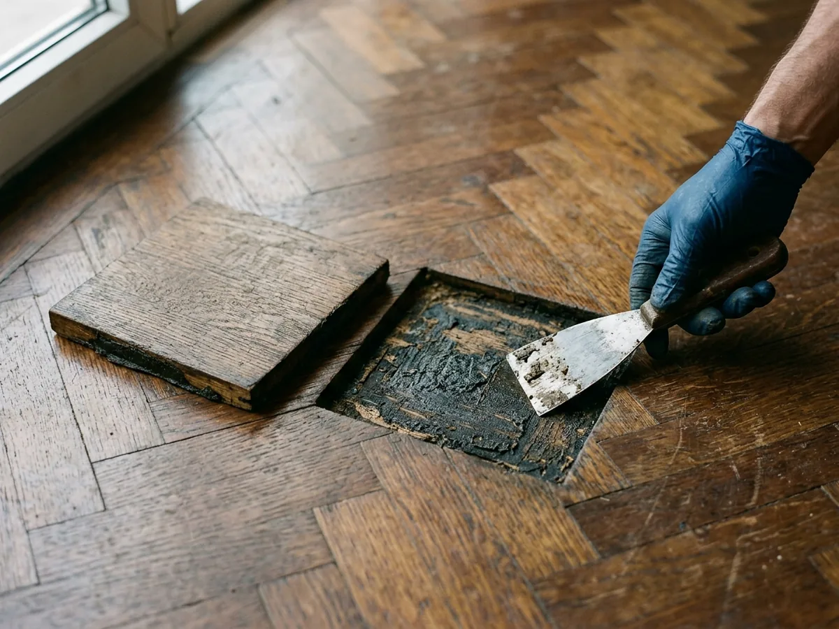 Loose square parquet tile lifted out of a floor, old dark adhesive visible on the subfloor beneath the gap