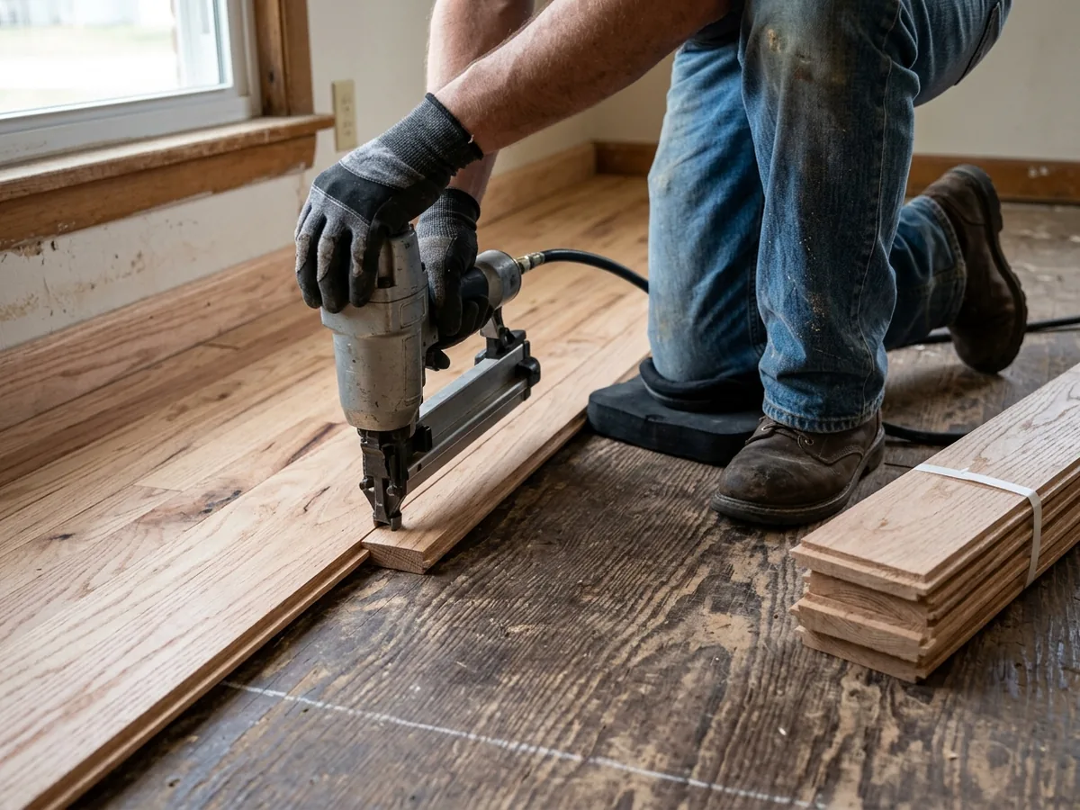 Installer's hands setting a pneumatic flooring nailer against the tongue of a solid oak board