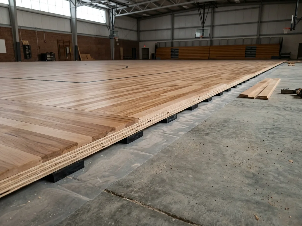 Cross-section view of a new maple sports floor being installed over plywood and resilient rubber pads on a concrete slab